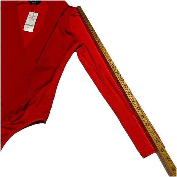Bebe Plunge Front Red Long Sleeve Bodysuit Faux Wrap Deep V Women’s XS NWT - Picture 6 of 7